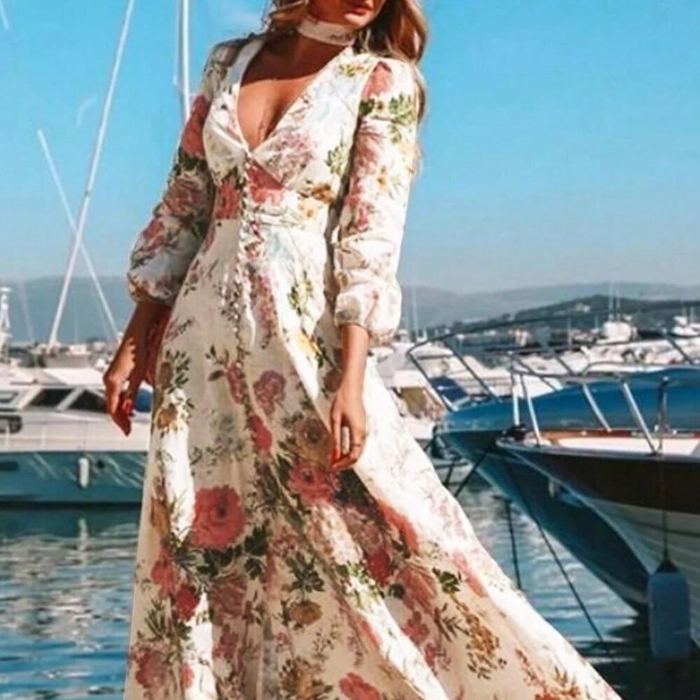 Multicolor Boho Women's Casual Elegant V-Neck Long Sleeve Floral Print Dress - Picture 1 of 8